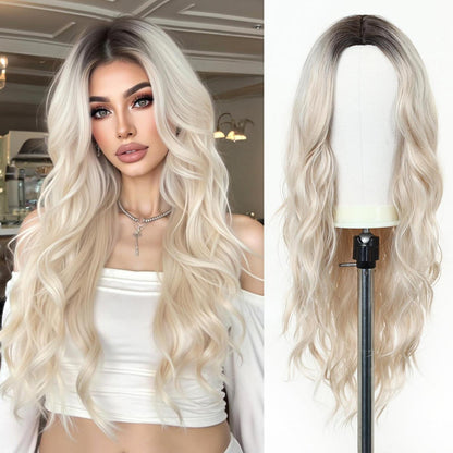 Lang Wellige Platinblonde Perücke Damen Synthetisch Ombré