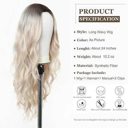 Lang Wellige Platinblonde Perücke Damen Synthetisch Ombré