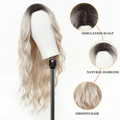 Lang Wellige Platinblonde Perücke Damen Synthetisch Ombré