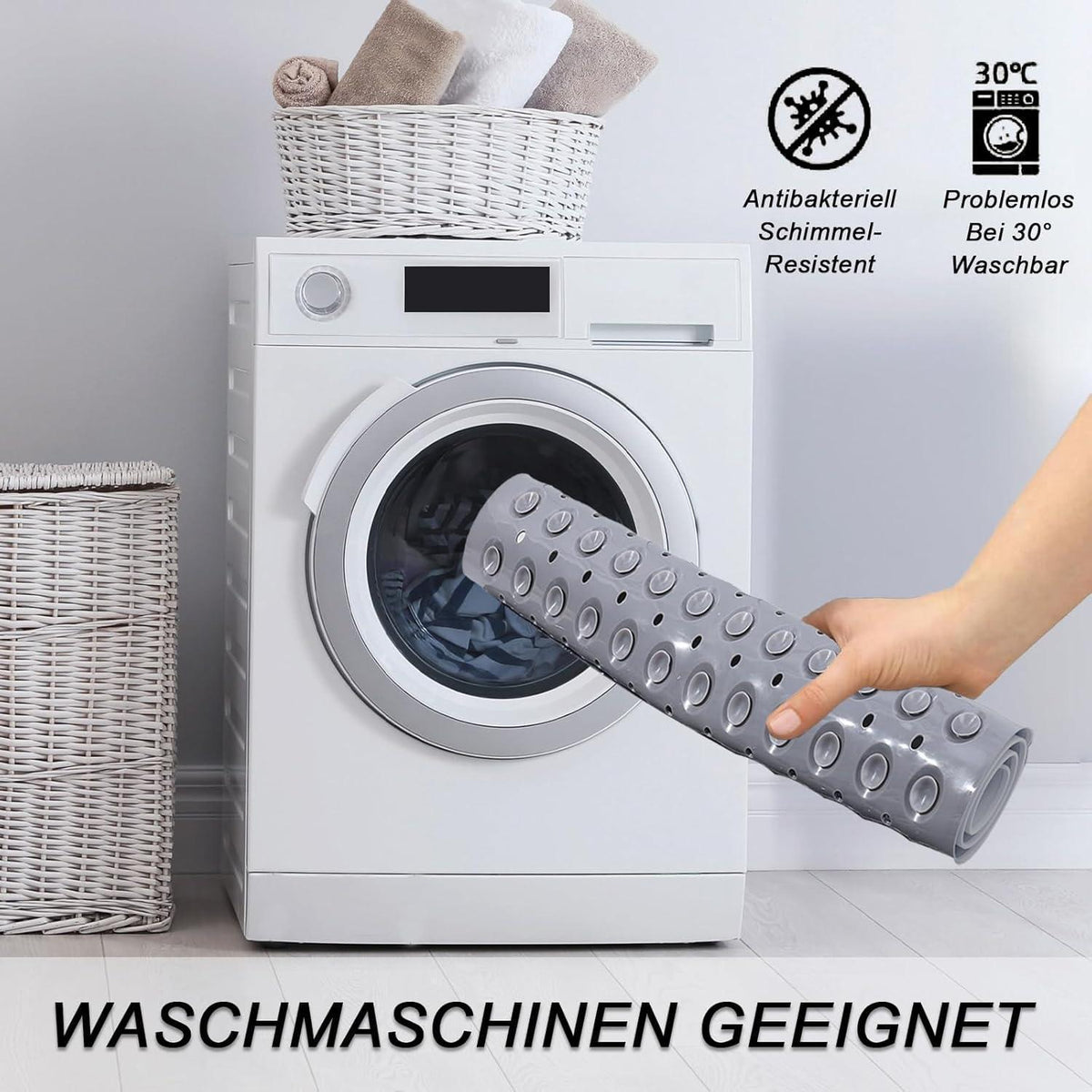 Rutschfeste Duschmatte Grau 60x90 cm mit Saugnäpfen