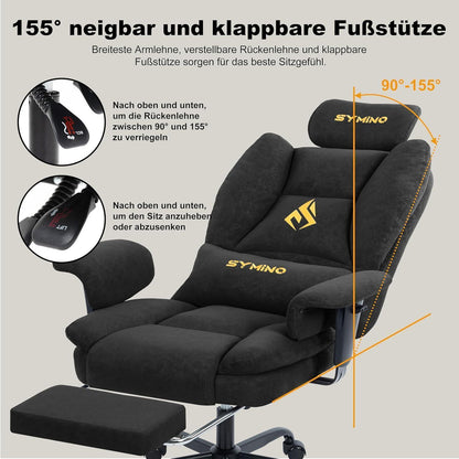 Gaming Stuhl mit Fußstütze, Ergonomisch, Schwarz in Lederoptik