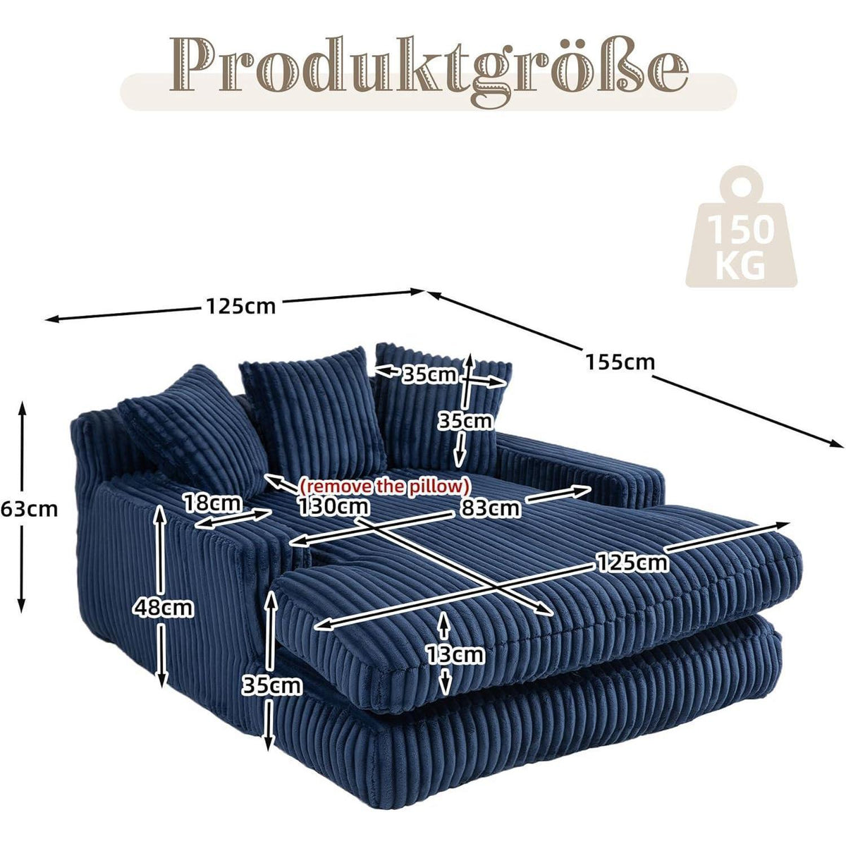 Bequemes Cord-Schlafsofa mit Kissen – Marineblau Loungesessel