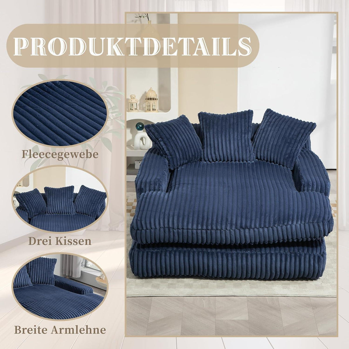 Bequemes Cord-Schlafsofa mit Kissen – Marineblau Loungesessel