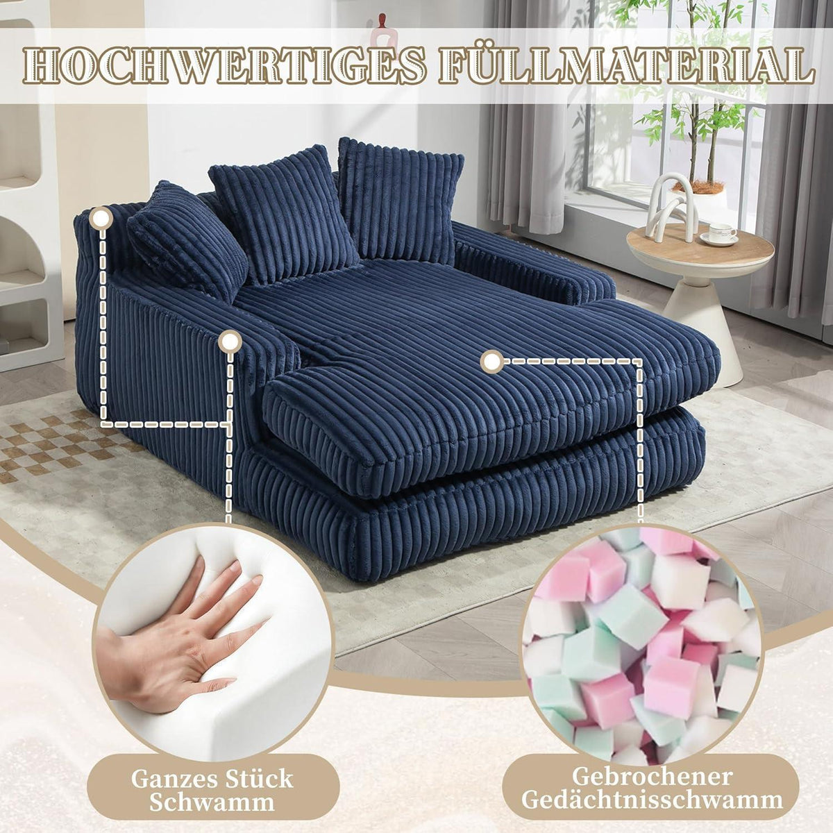 Bequemes Cord-Schlafsofa mit Kissen – Marineblau Loungesessel