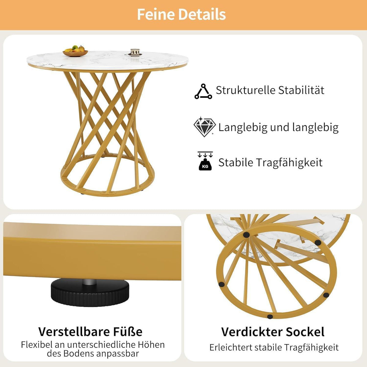 Runder Esstisch 80x80cm Weiß Marmor Optik mit Metallbeinen