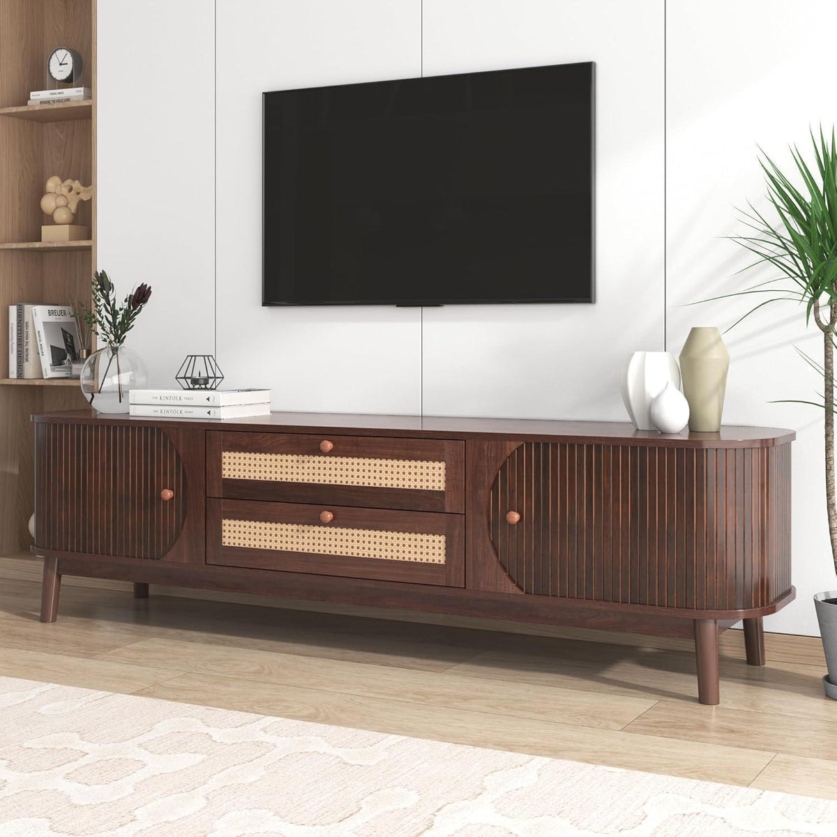 Landhaus TV-Bank Holz mit Rattan Schubladen 170cm
