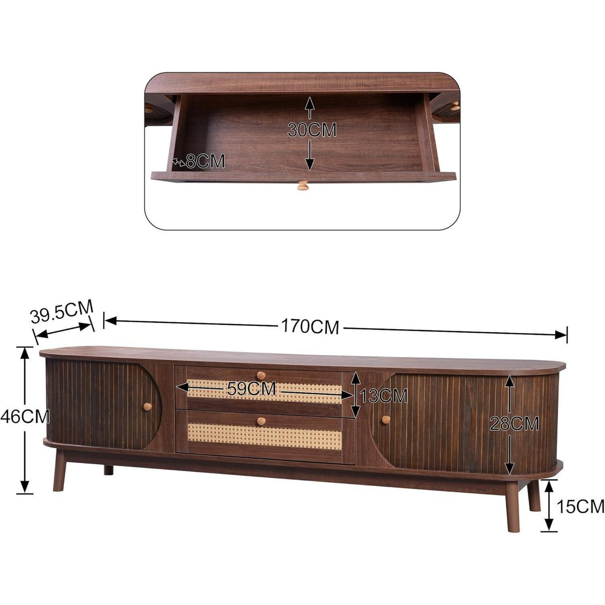 Landhaus TV-Bank Holz mit Rattan Schubladen 170cm