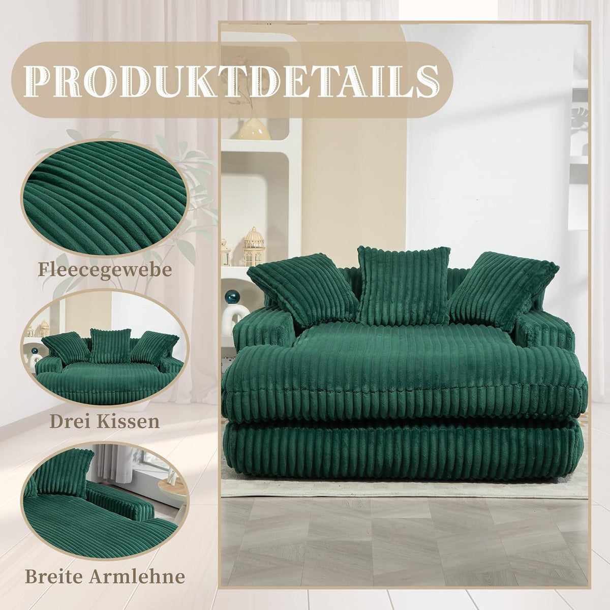 Bequemes Cord Schlafsofa mit Kissen – Loungesessel für Wohnzimmer