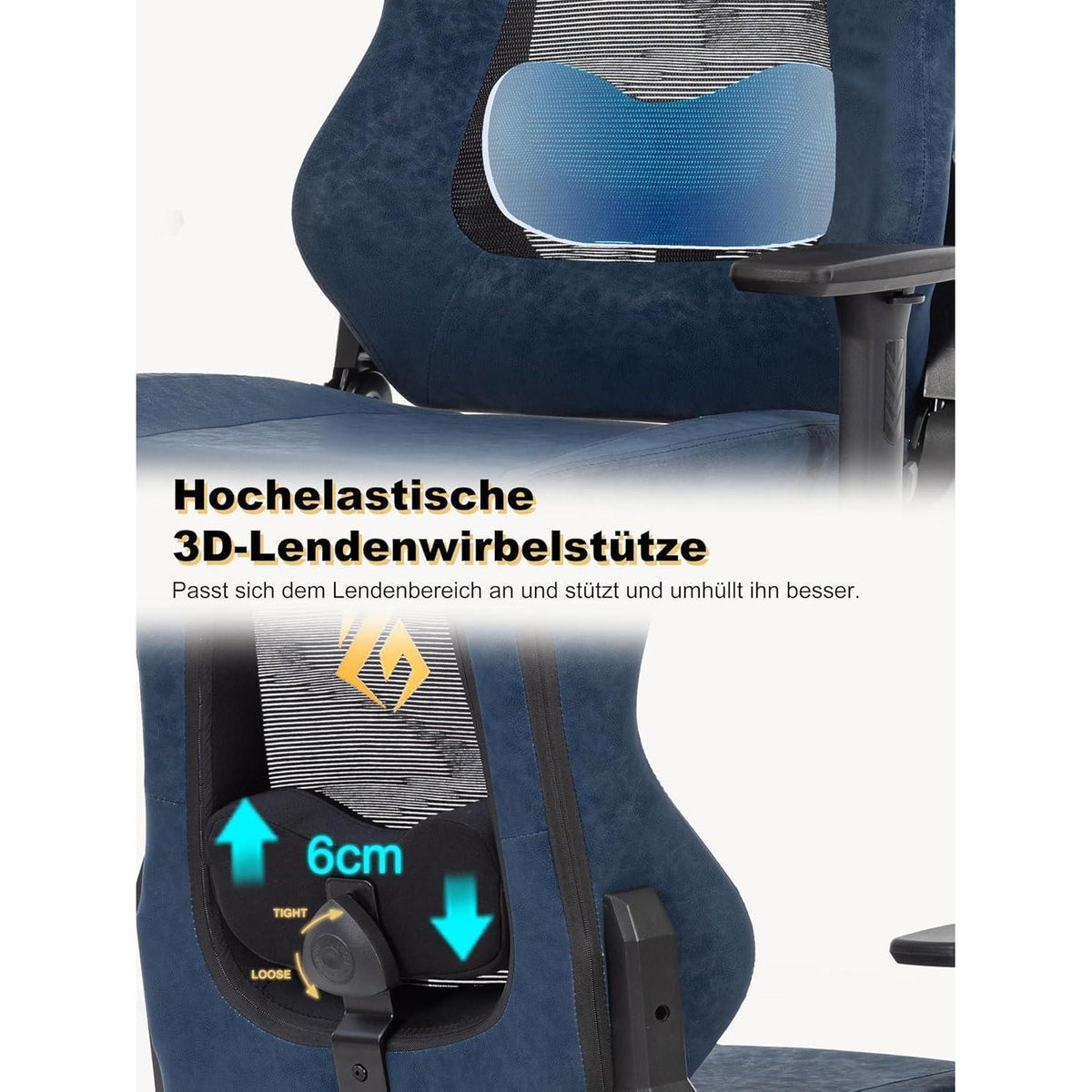 Gaming Stuhl Dunkelblau mit 3D-Lendenwirbelstütze & Wippfunktion