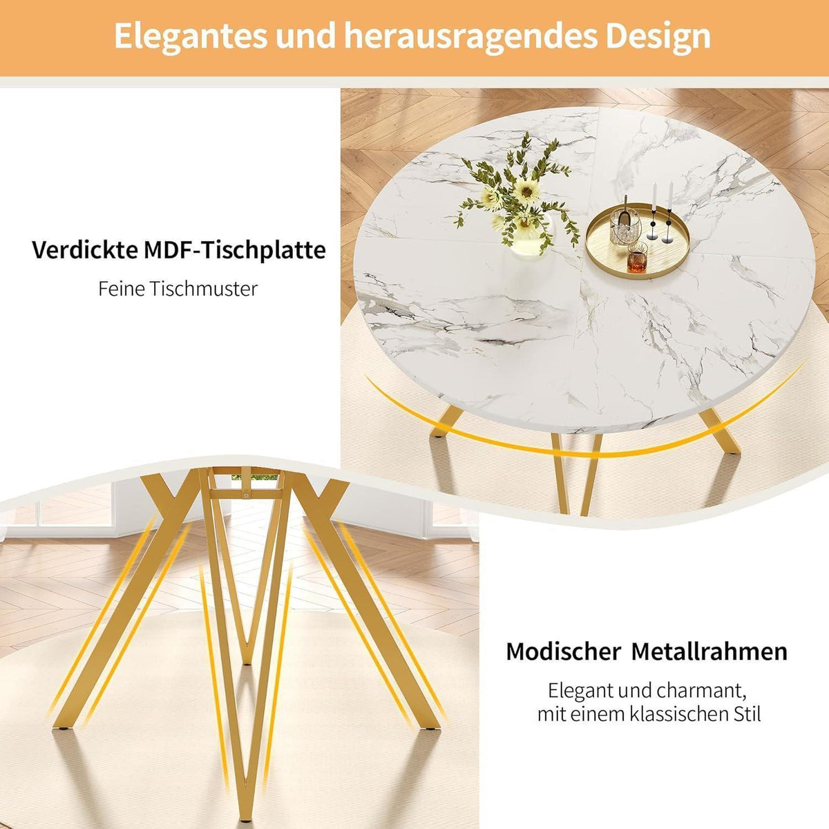Runder Esstisch 100cm Marmor Optik – Modern & Stabil