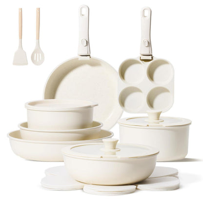 19-teiliges Topfset mit abnehmbaren Griffen – Beige