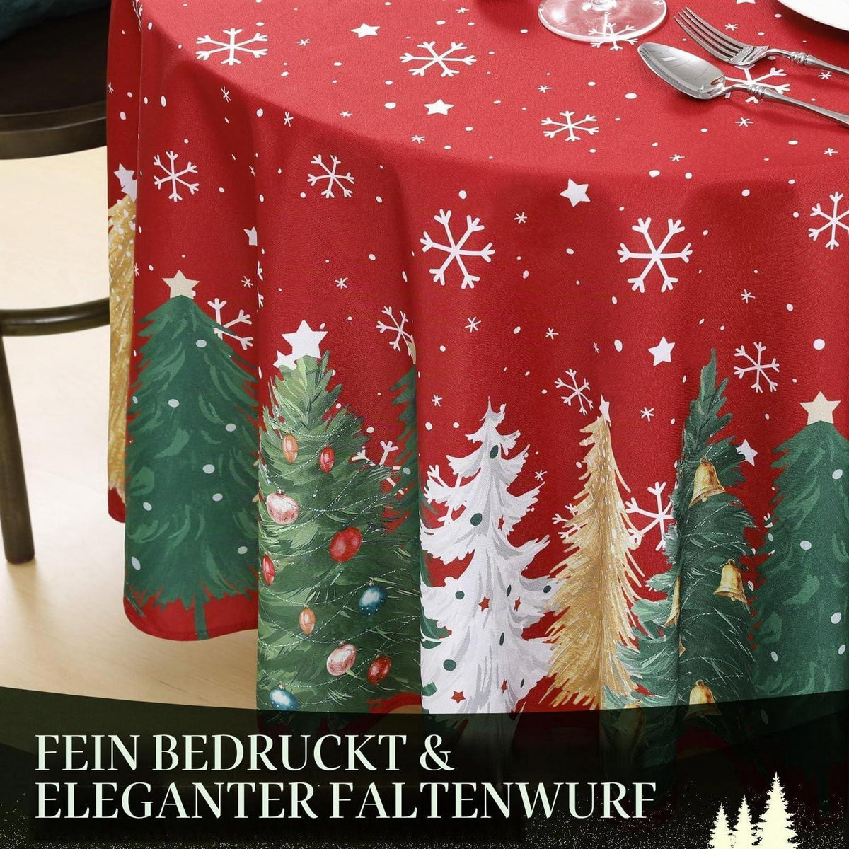 Runde Weihnachtstischdecke 200 cm Rot mit Weihnachtsbaum & Schneeflocken