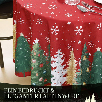 Runde Weihnachtstischdecke 200 cm Rot mit Weihnachtsbaum & Schneeflocken