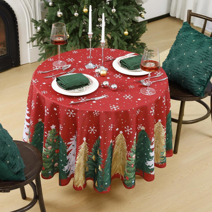 Runde Weihnachtstischdecke 200 cm Rot mit Weihnachtsbaum & Schneeflocken
