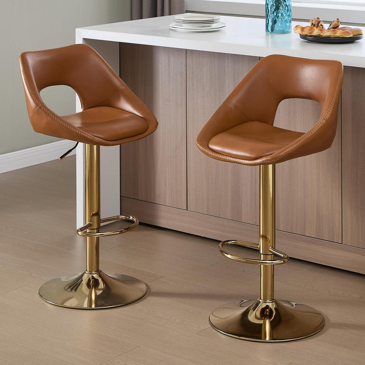 Barhocker Set 2x Höhenverstellbar, Braun-Gold