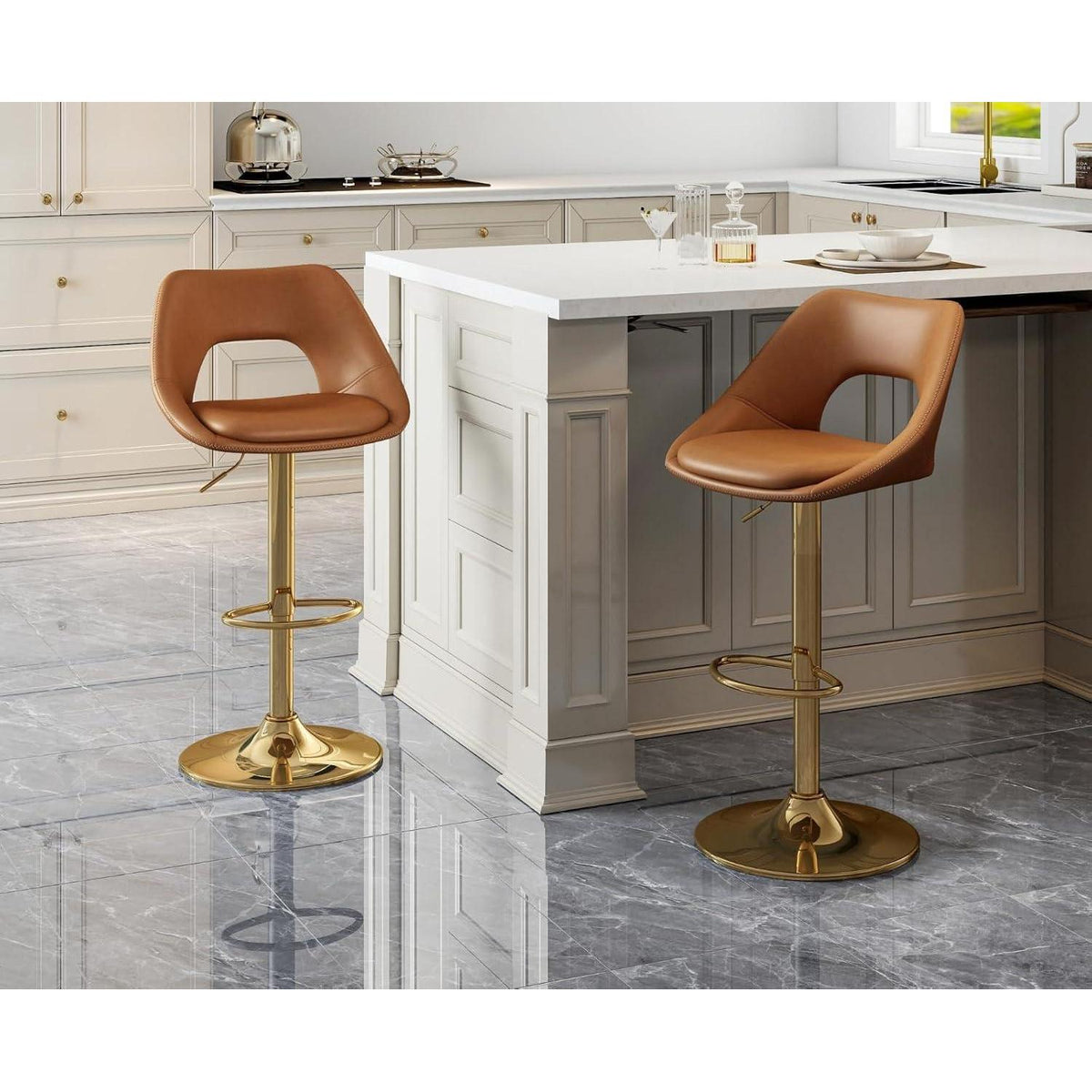 Barhocker Set 2x Höhenverstellbar, Braun-Gold