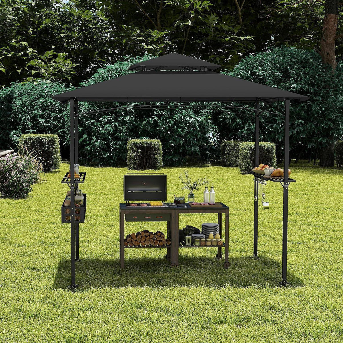Grillpavillon 244x138 cm mit Bartresen & UV-Schutz Schwarz