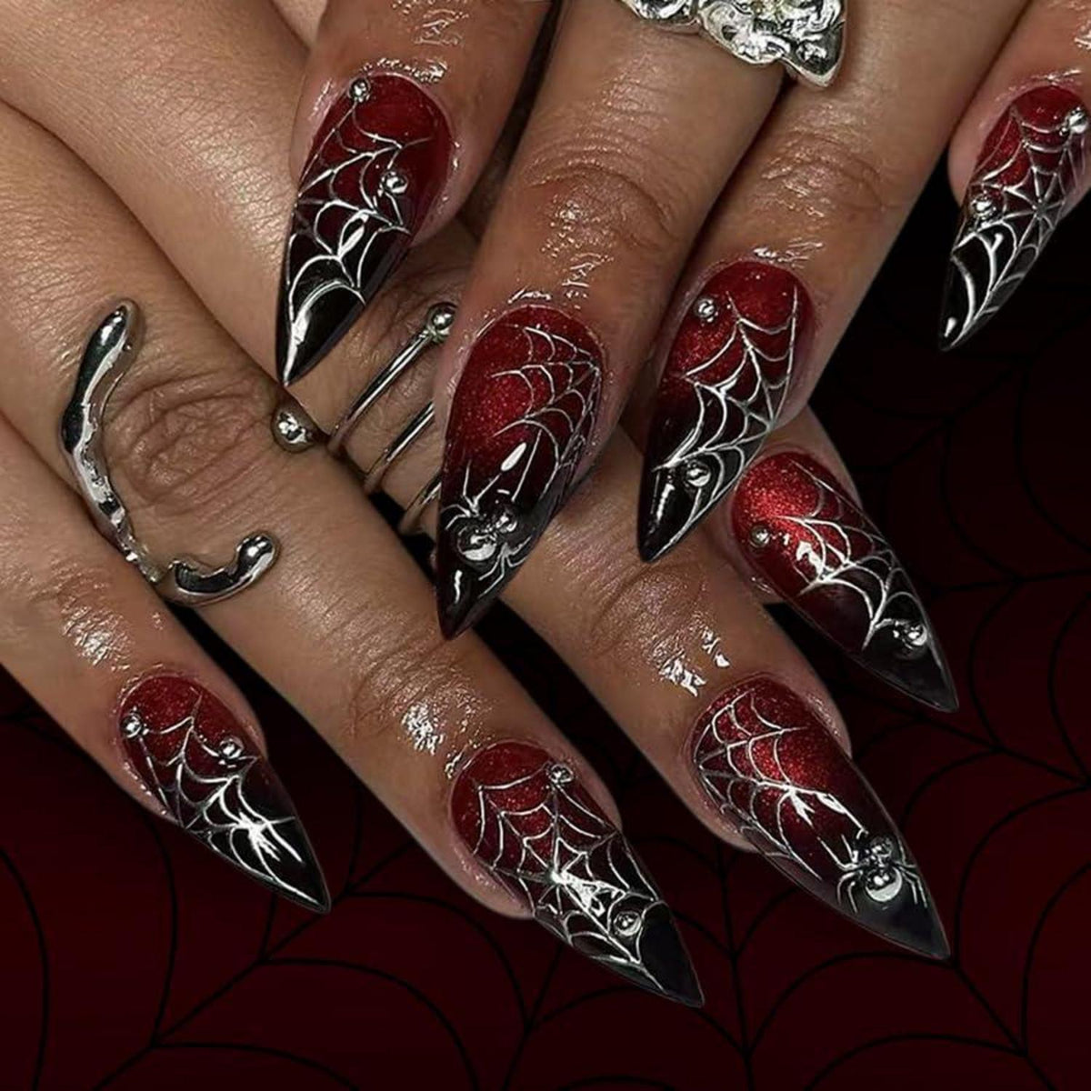 Halloween Stiletto Nägel Rot Schwarz Spinnennetz 3D Gothic