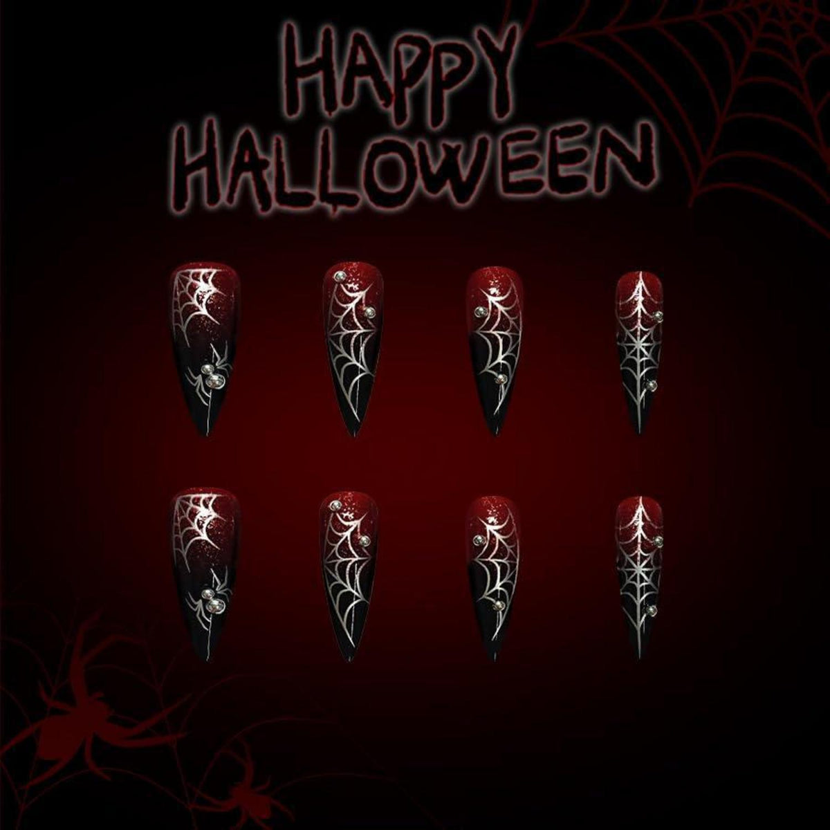 Halloween Stiletto Nägel Rot Schwarz Spinnennetz 3D Gothic
