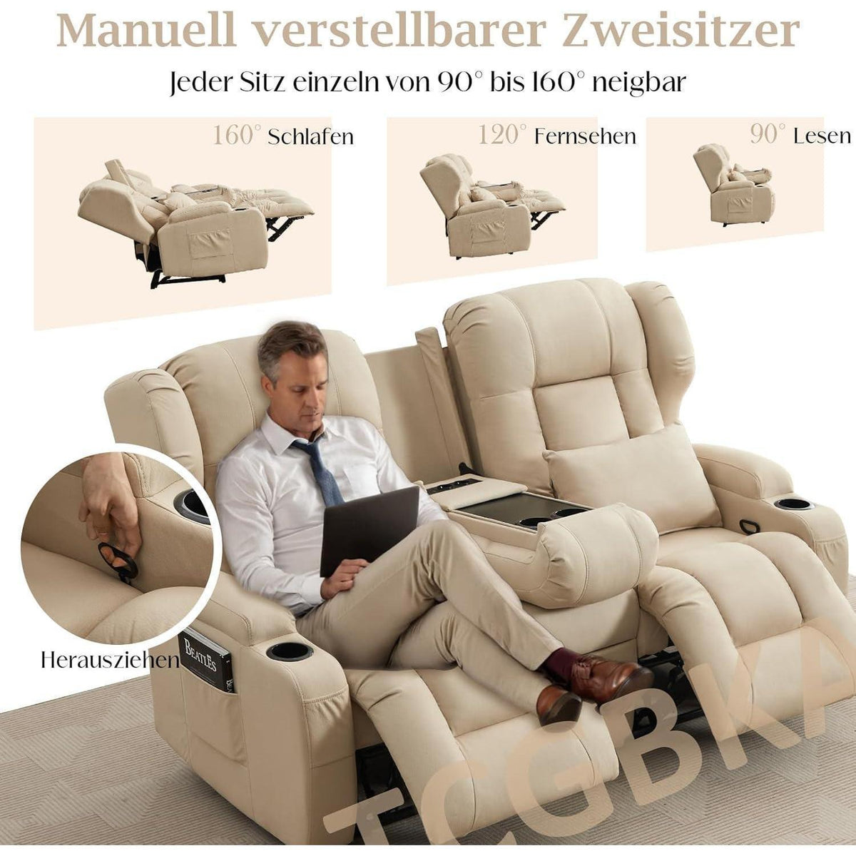 2-Sitzer Relaxsessel mit Liegefunktion & Kinosofa Beige