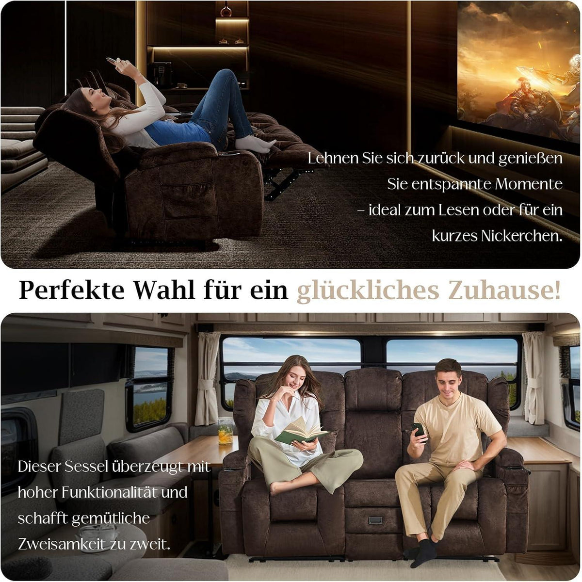 2-Sitzer Relaxsessel mit Liegefunktion & Kinosofa Braun