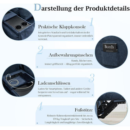 2-Sitzer Relaxsessel mit Liegefunktion & Kinosofa Blau