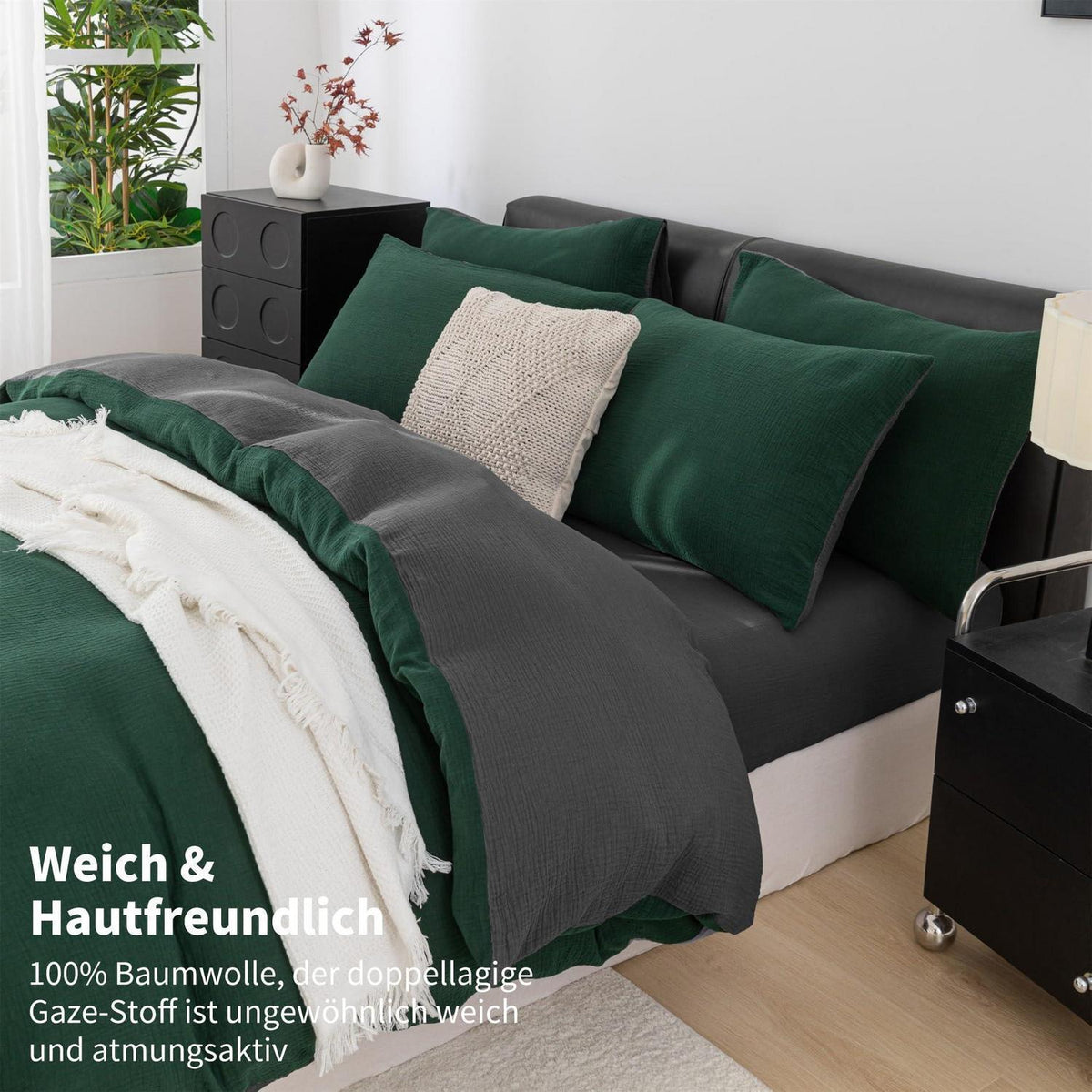 Doppelte Muslin Bettwäsche 200x200 Dunkelgrün Grau – 3-teilig