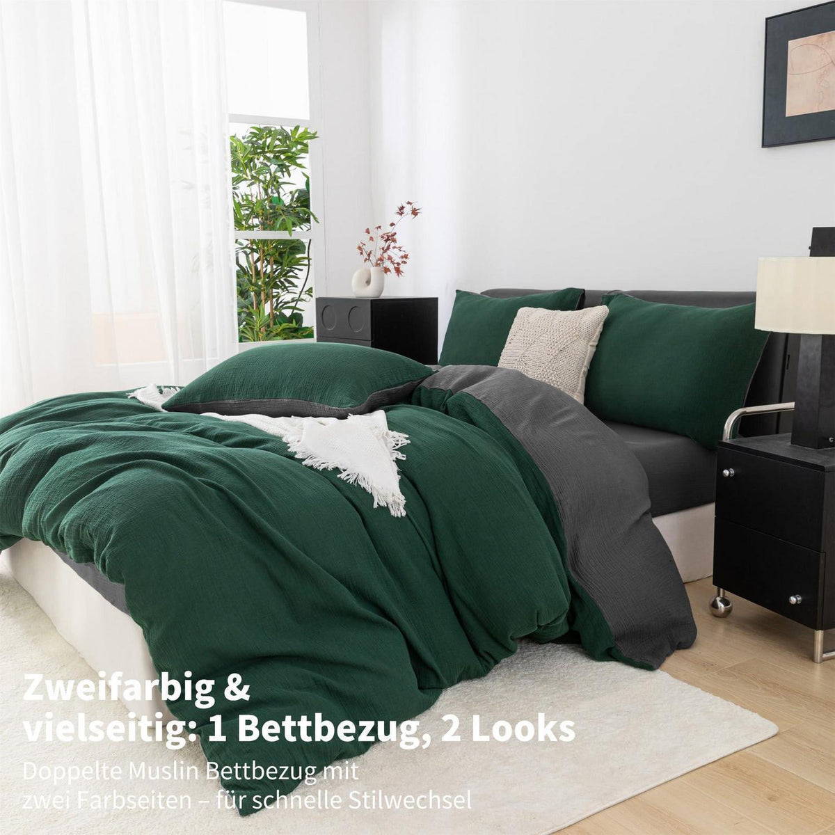 Doppelte Muslin Bettwäsche 200x200 Dunkelgrün Grau – 3-teilig