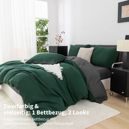 Doppelte Muslin Bettwäsche 200x200 Dunkelgrün Grau – 3-teilig