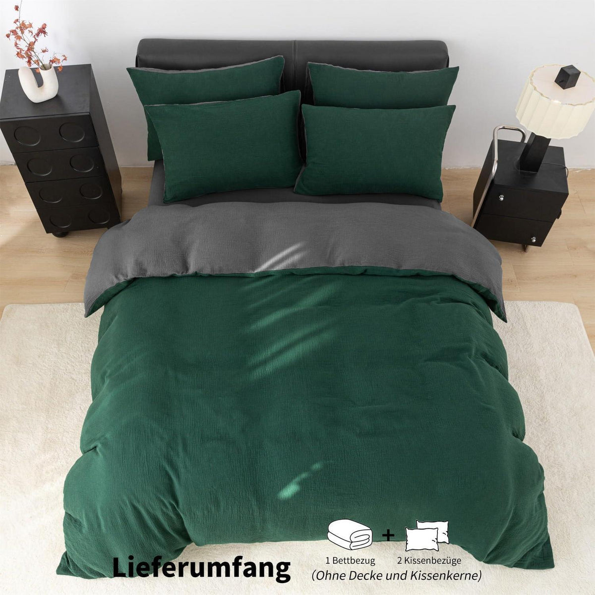 Doppelte Muslin Bettwäsche 200x200 Dunkelgrün Grau – 3-teilig