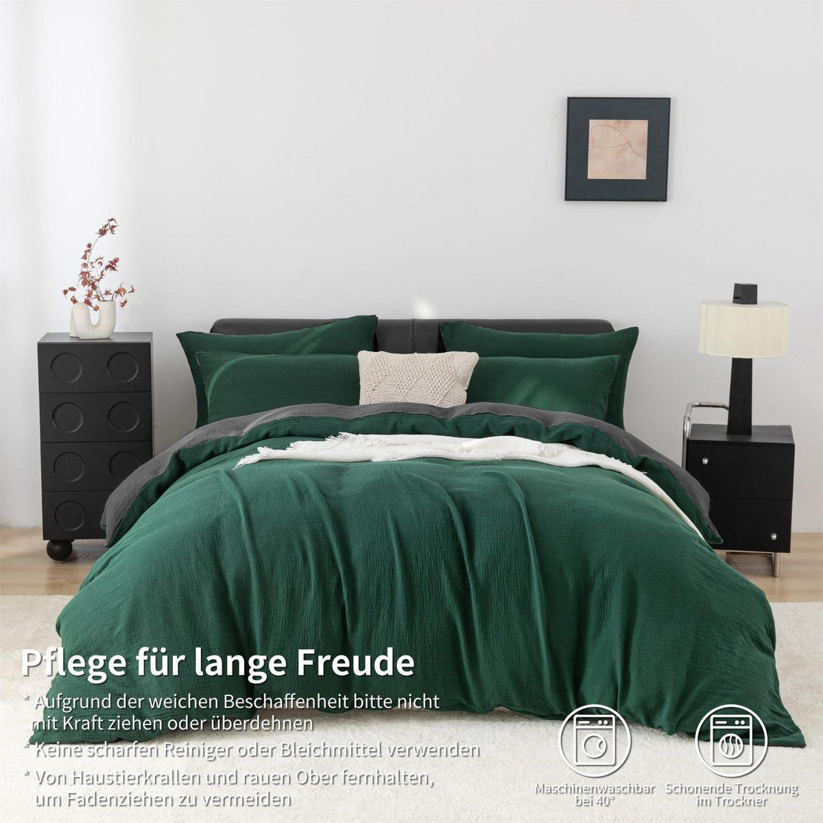 Doppelte Muslin Bettwäsche 200x200 Dunkelgrün Grau – 3-teilig