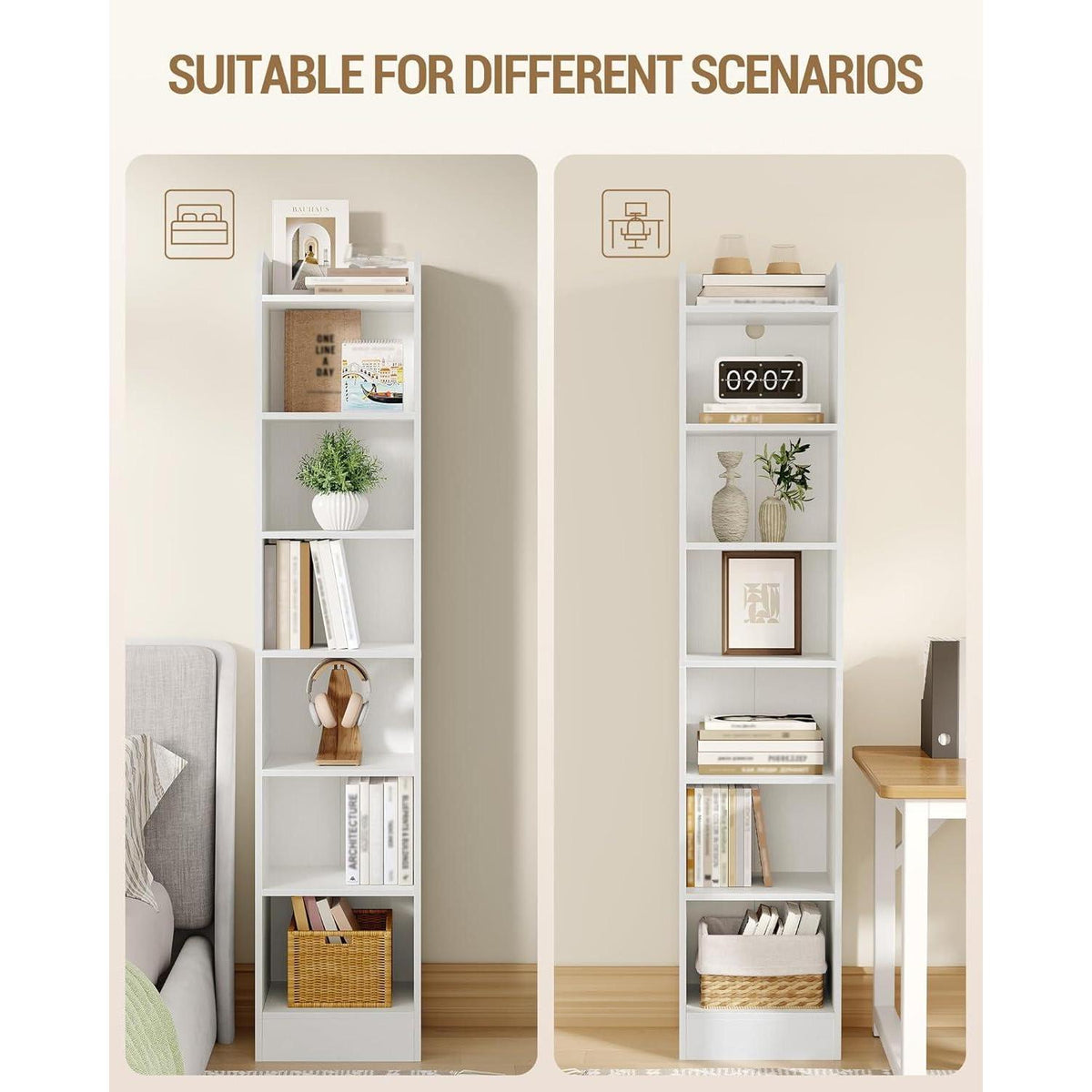 7-stöckiges Bücherregal Weiß – Standregal für Wohnzimmer & Büro