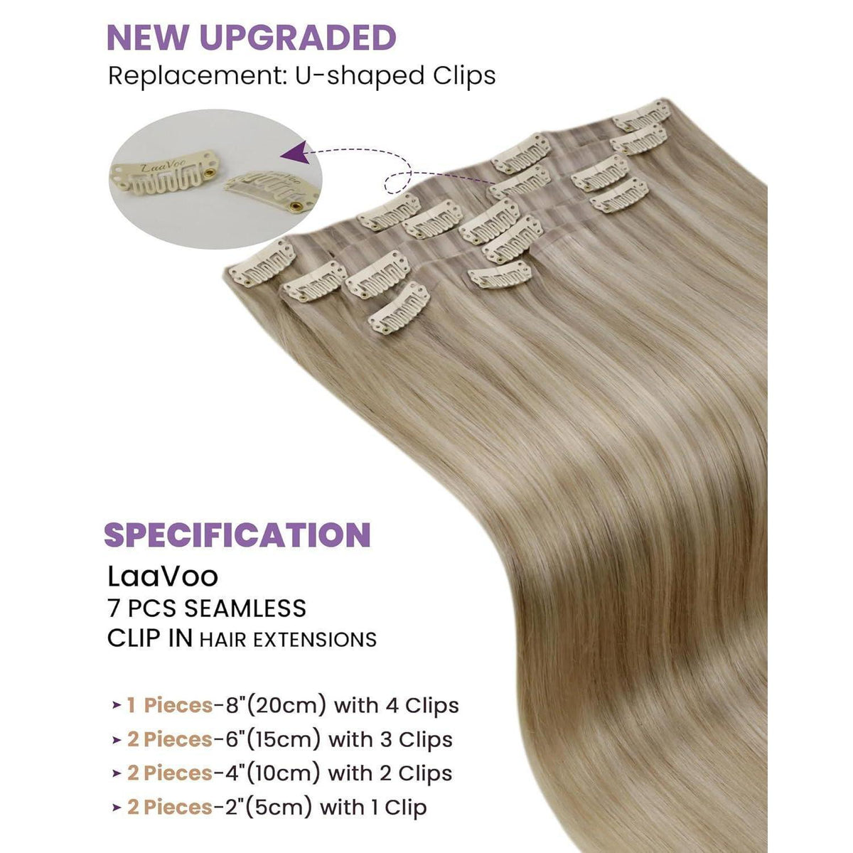Clip-in Echthaar Extensions Aschblond Highlights 50cm