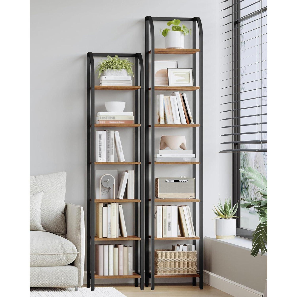 Vintage Bücherregal schmal – Braun-Schwarz, 208,5 cm hoch