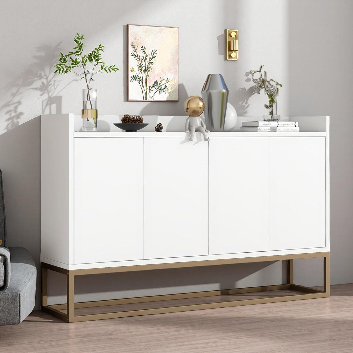 Moderne Anrichte mit 4 Türen & verstellbarem Regal (Weiß)