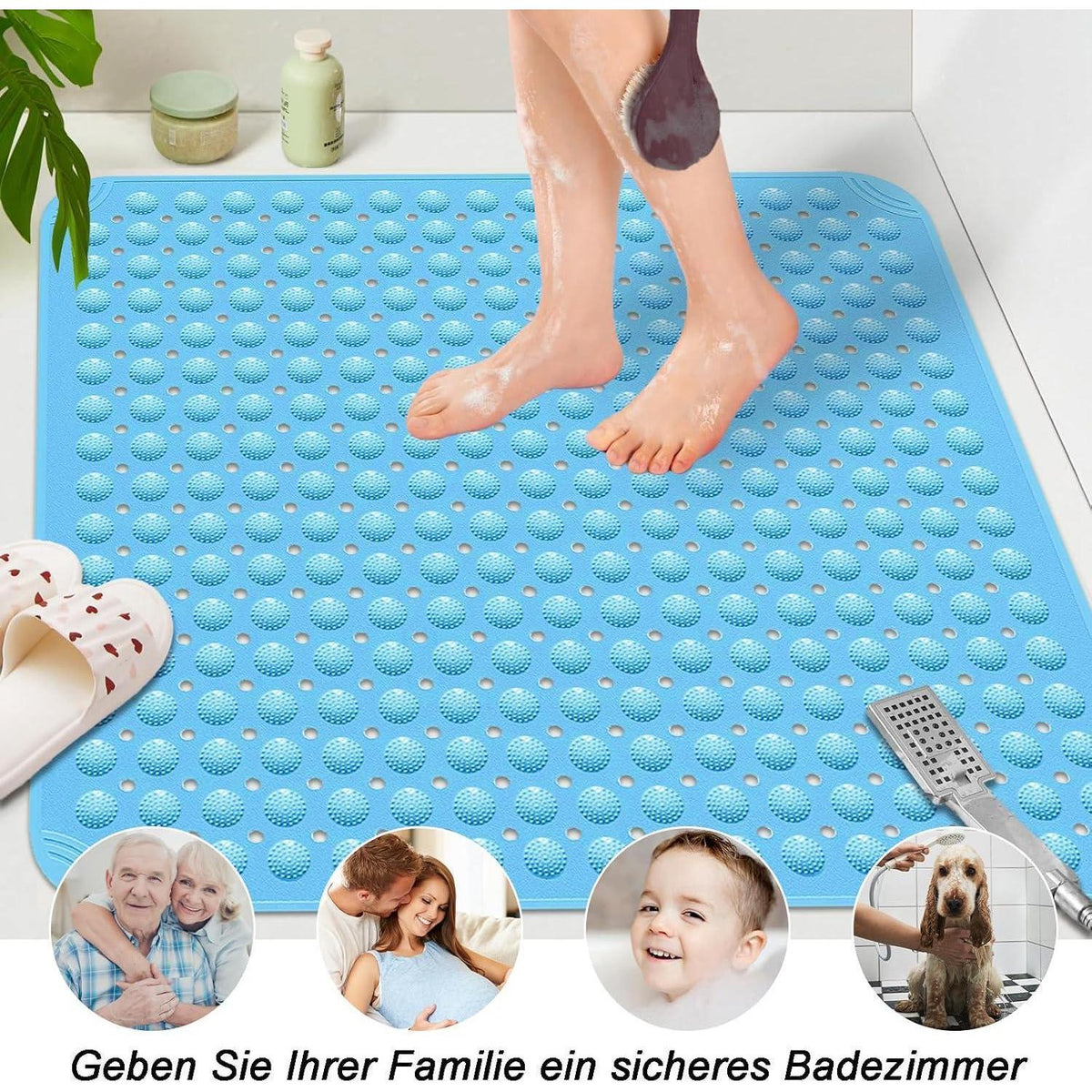 Rutschfeste Duschmatte 80x80 cm – Meeresblau mit Haken