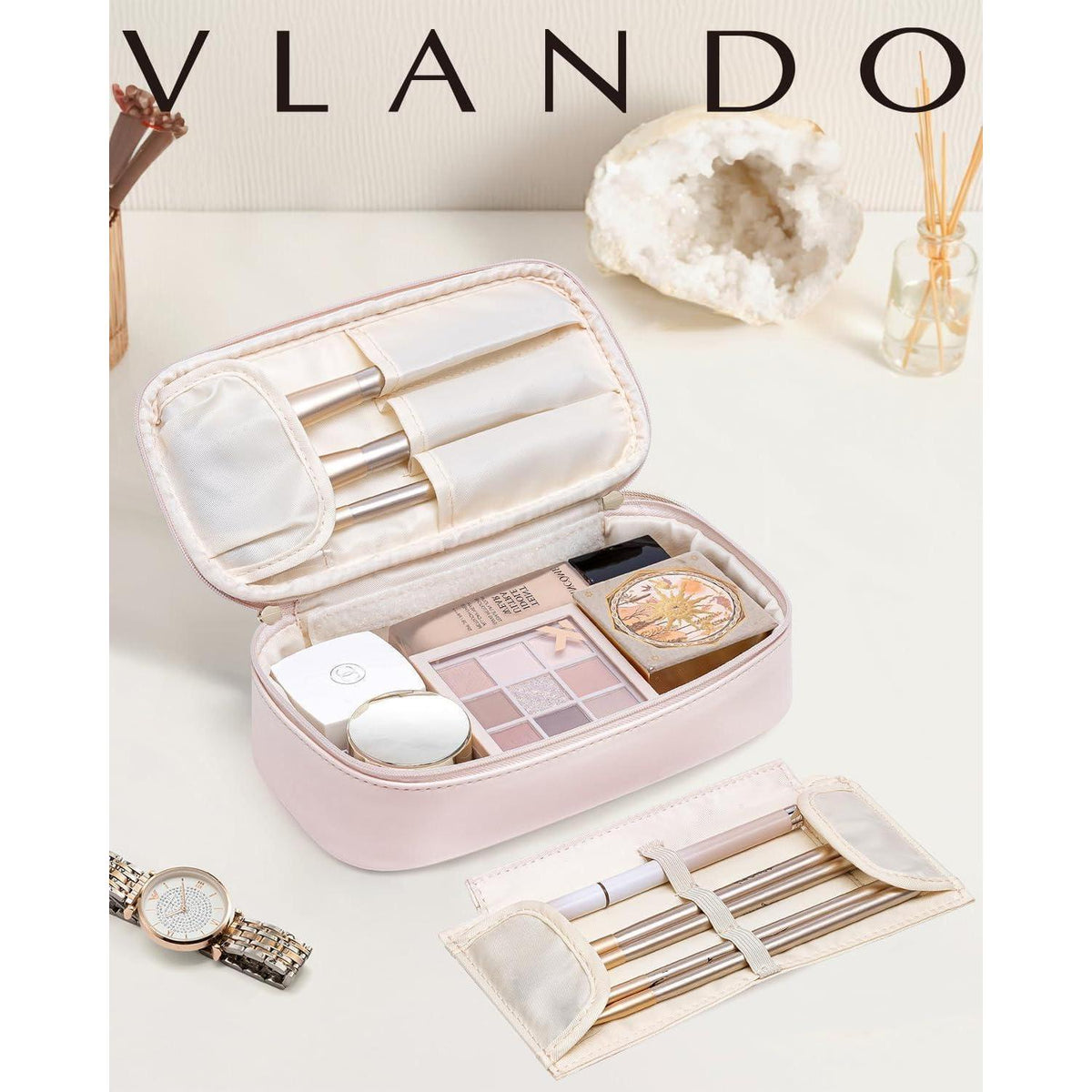 Kosmetiktasche Beige Cremerosa, Organizer für unterwegs in Lederoptik