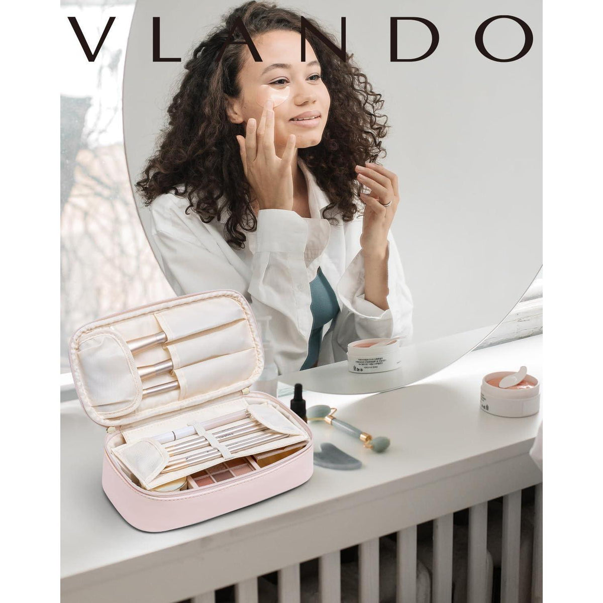 Kosmetiktasche Beige Cremerosa, Organizer für unterwegs in Lederoptik