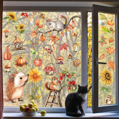 Herbst Fensterbilder Selbstklebend – Fensterdeko mit Eicheln & Eichhörnchen