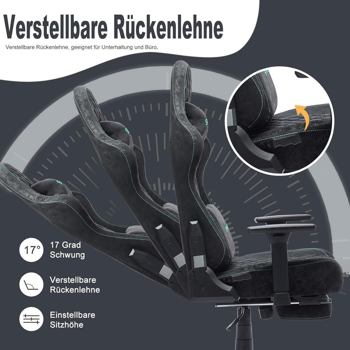 Gaming Stuhl mit Fußstütze und verstellbaren Armlehnen (Grau/Schwarz)