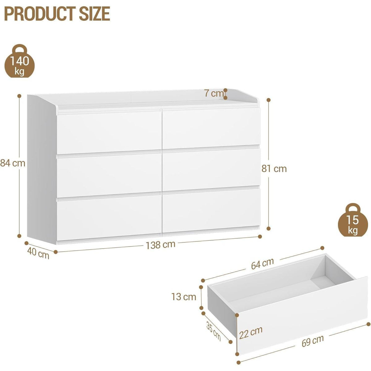 Kommode 138 cm mit 6 Schubladen & Arbeitsfläche Weiß