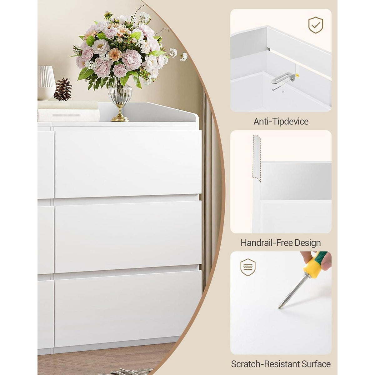 Kommode 138 cm mit 6 Schubladen & Arbeitsfläche Weiß