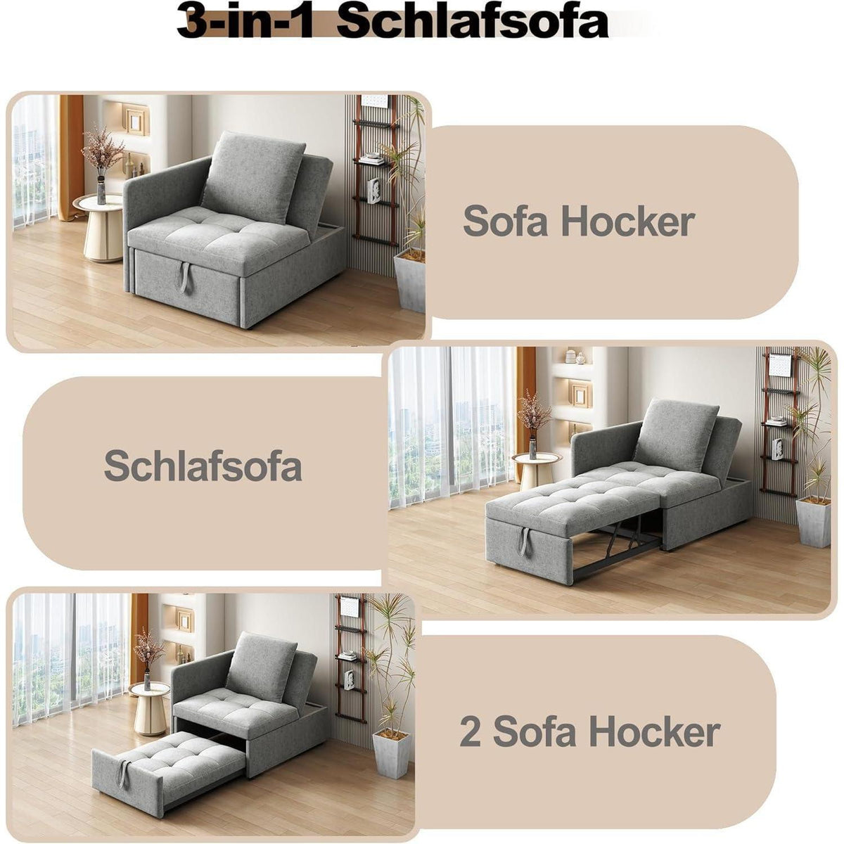 Schlafsofa Klein – 3-in-1 Schlafsessel mit Bettfunktion (Hellgrau)