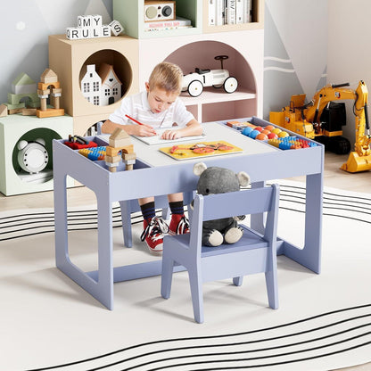 Kindertisch mit 2 Stühlen und Stauraum, wendbare Tischplatte, Blau