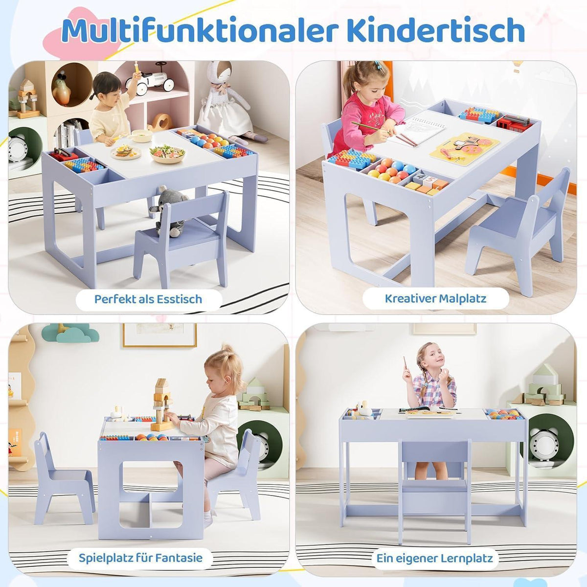 Kindertisch mit 2 Stühlen und Stauraum, wendbare Tischplatte, Blau