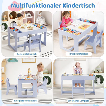 Kindertisch mit 2 Stühlen und Stauraum, wendbare Tischplatte, Blau