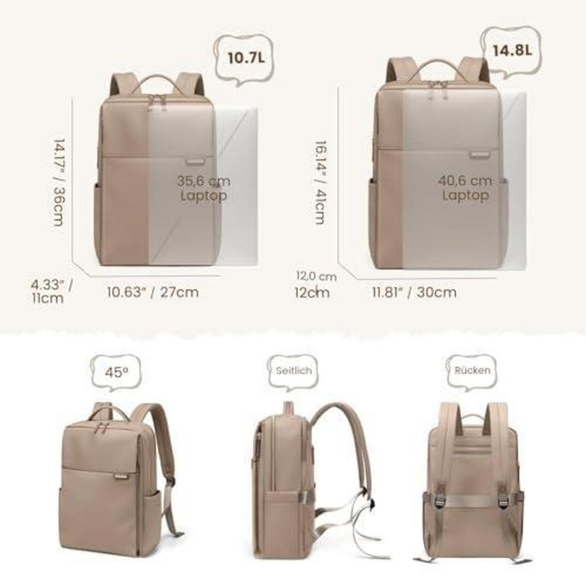 Laptop Rucksack Damen 16 Zoll – Wasserdicht, Braun, Business & Reise