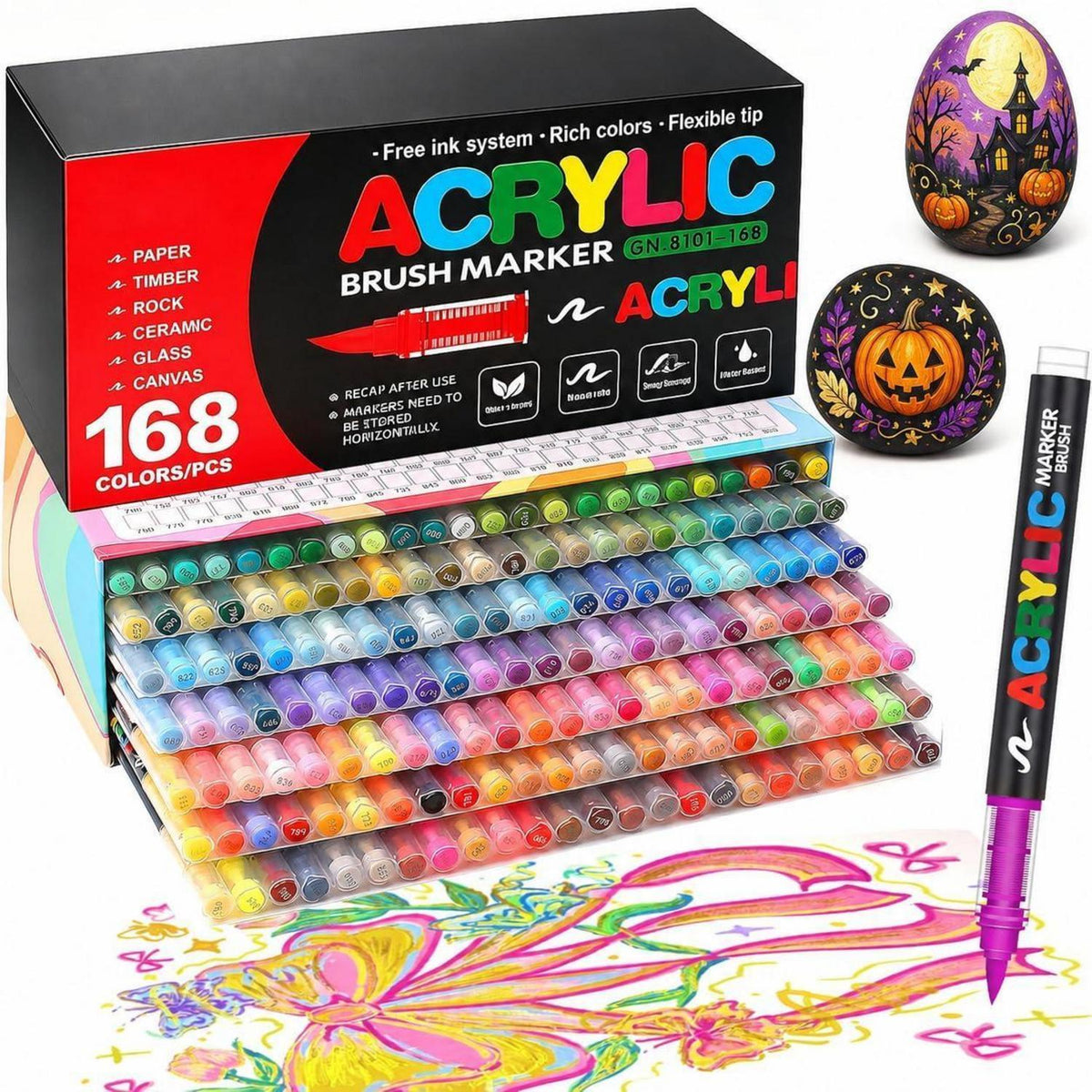 168 Acrylstifte Set mit Pinselspitze – Wasserfest & Vielseitig