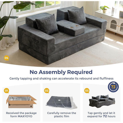 Bequemes Schlafsofa mit Getränkehaltern & Kissen – Grau