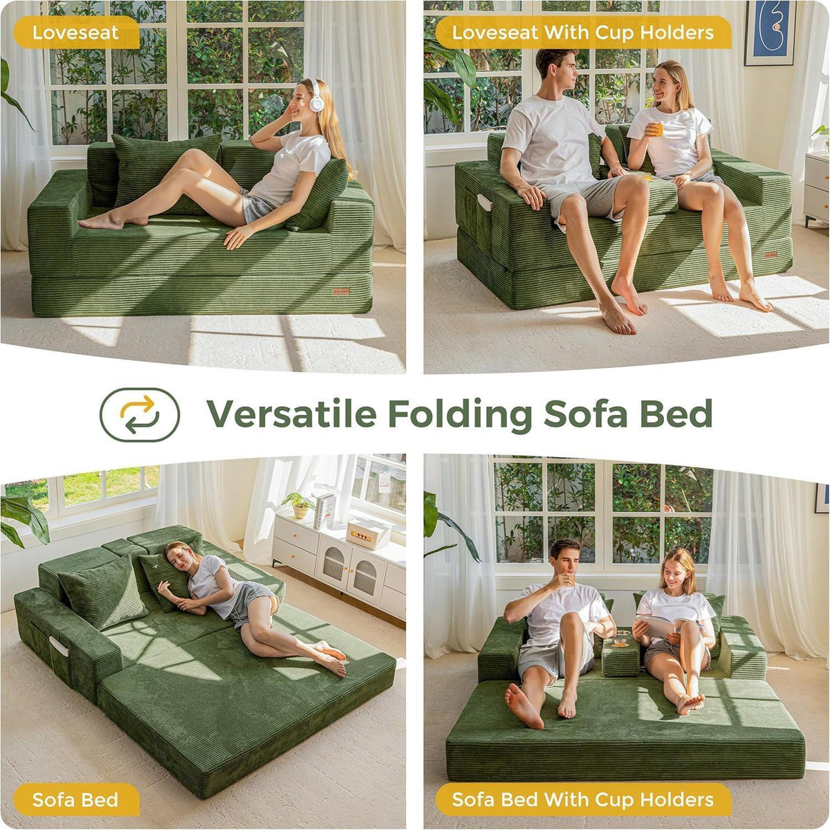 Bequemes Schlafsofa mit Cordstoff & Getränkehaltern